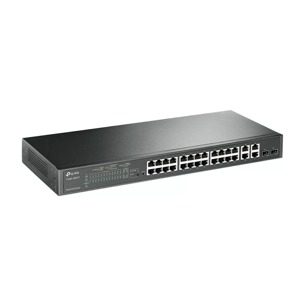 tp link t1500 28pct 24 port 10/100mbps + 4 port gigabit smart poe+ switch + 2 combo sfp, 180w power budget tp link t1500 28pct 24 port 10/100mbps + 4 port gigabit smart poe+ switch + 2 combo sfp, 180w power budget