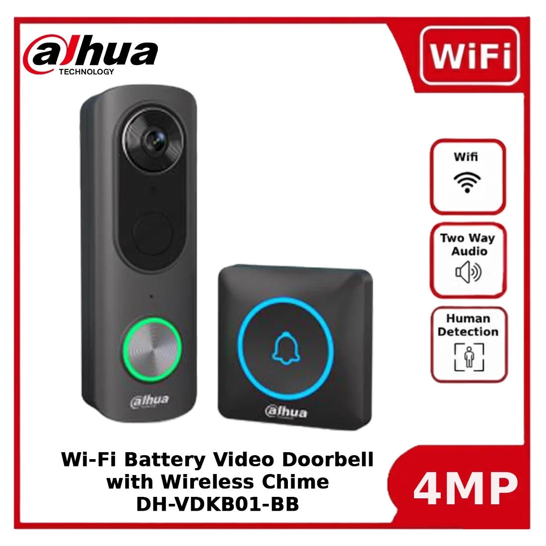 dahua dh vdkb01 bb 4mp wi fi battery video doorbell with wireless chime, ai detection, ip65 dahua dh vdkb01 bb 4mp wi fi battery video doorbell with wireless chime, ai detection, ip65