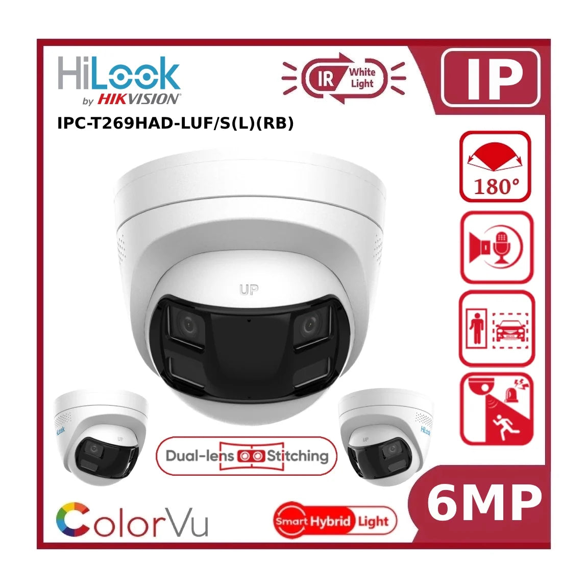 6mp hilook by hikvision ipc t269had luf/s(l) dual lens 180° smart hybrid colorvu + ir fixed turret ip camera with liveguard and 2 way audio 6mp hilook by hikvision ipc t269had luf/s(l) dual lens 180° smart hybrid colorvu + ir fixed turret ip camera with liveguard and 2 way audio