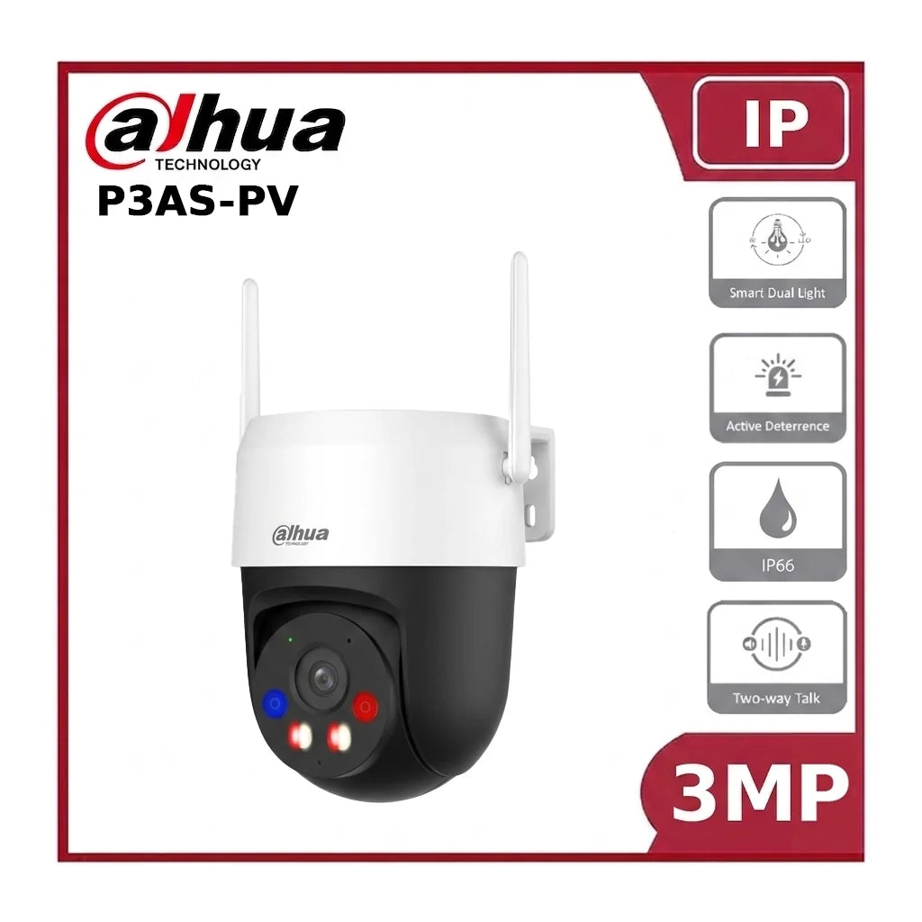 dahua p3as pv 3mp outdoor wi fi pan & tilt camera with ai detection, active deterrence & two way audio dahua p3as pv 3mp outdoor wi fi pan & tilt camera with ai detection, active deterrence & two way audio