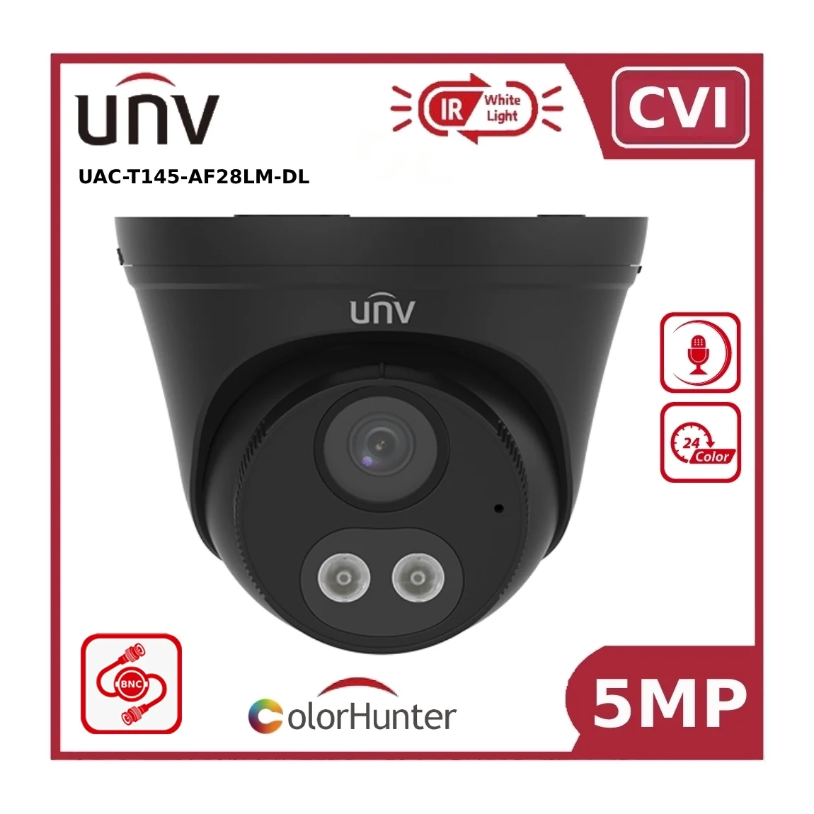 uniview uac t145 af28lm dl 5mp colourhunter hybrid dual light + ir turret analog camera, built in microphone uniview uac t145 af28lm dl 5mp colourhunter hybrid dual light + ir turret analog camera, built in microphone