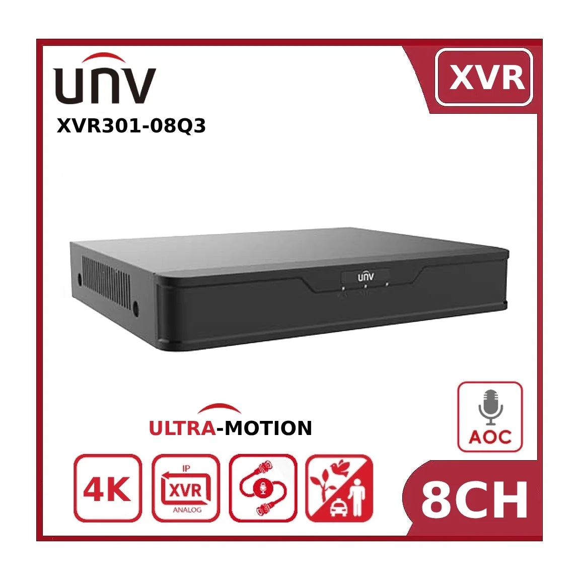 uniview xvr301 08q3 8 channel 8mp 4k lite hybrid xvr with ai human detection, ultra motion and 1hdd